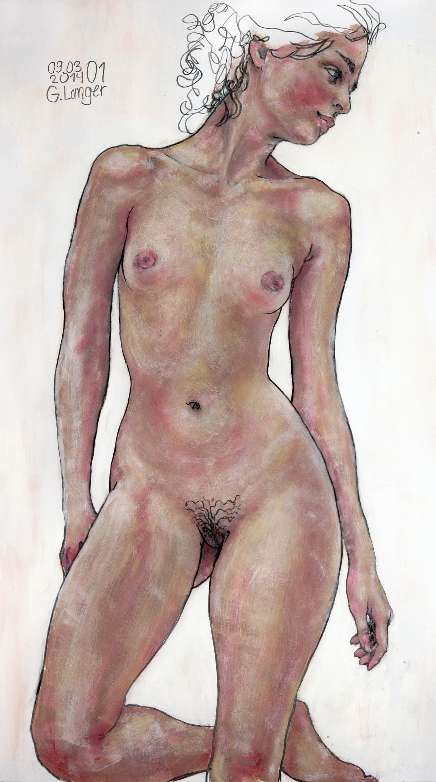 Gunter Langer, stehender weiblicher Akt frontal mit angezogenem Bein, Gesicht nach rechts, Morgentau, 2014, Gouache, Karton, 100 x 56 cm